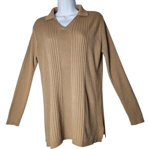 Take Nine Maternity Ribbed Long Sleeve Polo Sweater Camel Size L